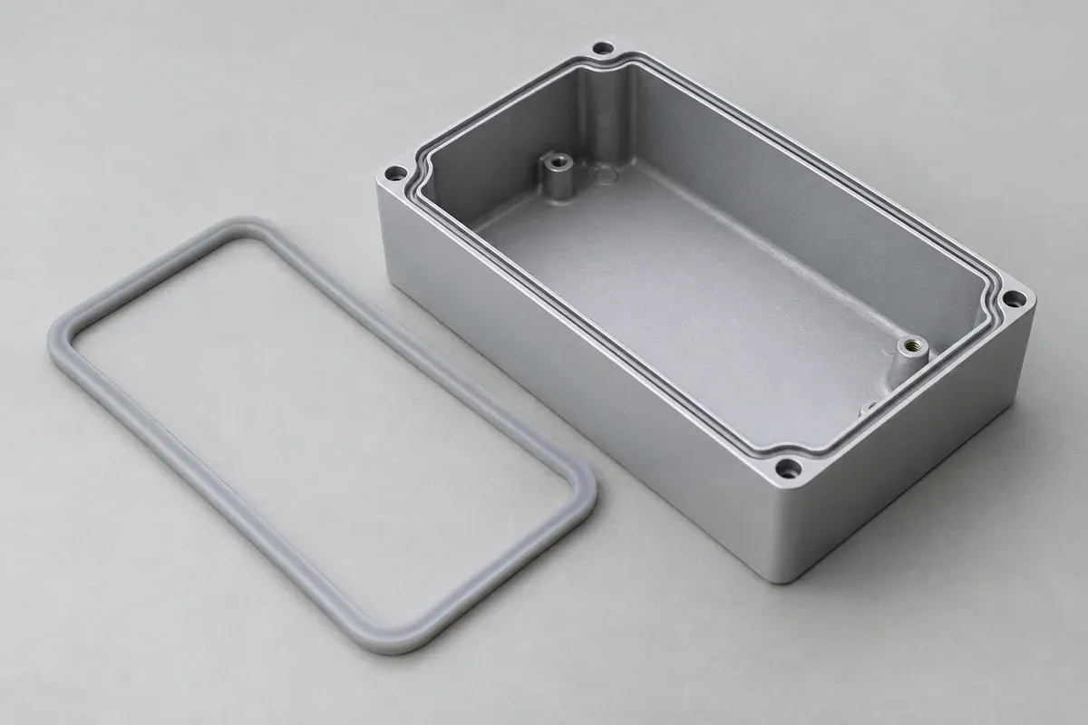 Molded perimeter seal beside an open enclosure groove