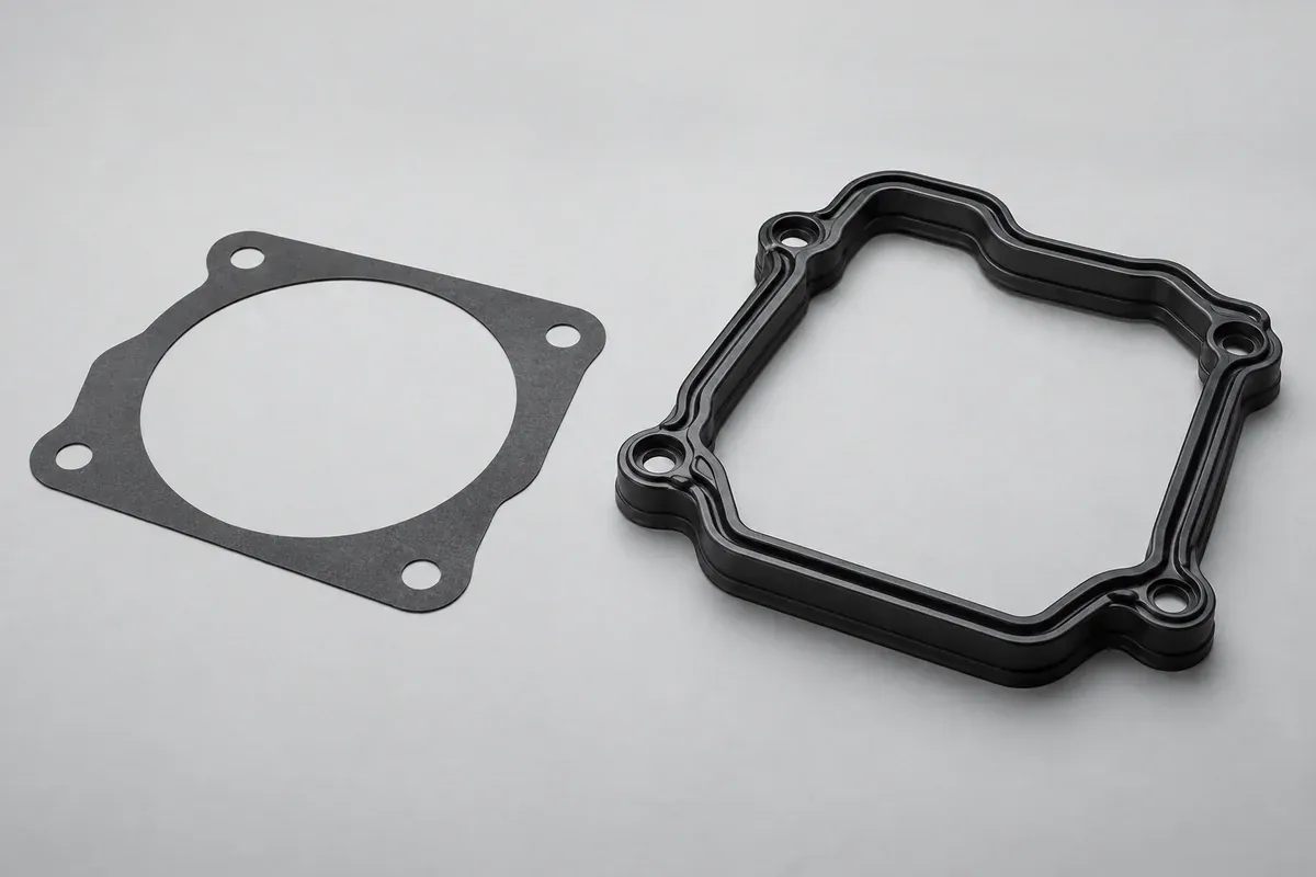 Flat silicone gasket beside a three-dimensional molded perimeter seal