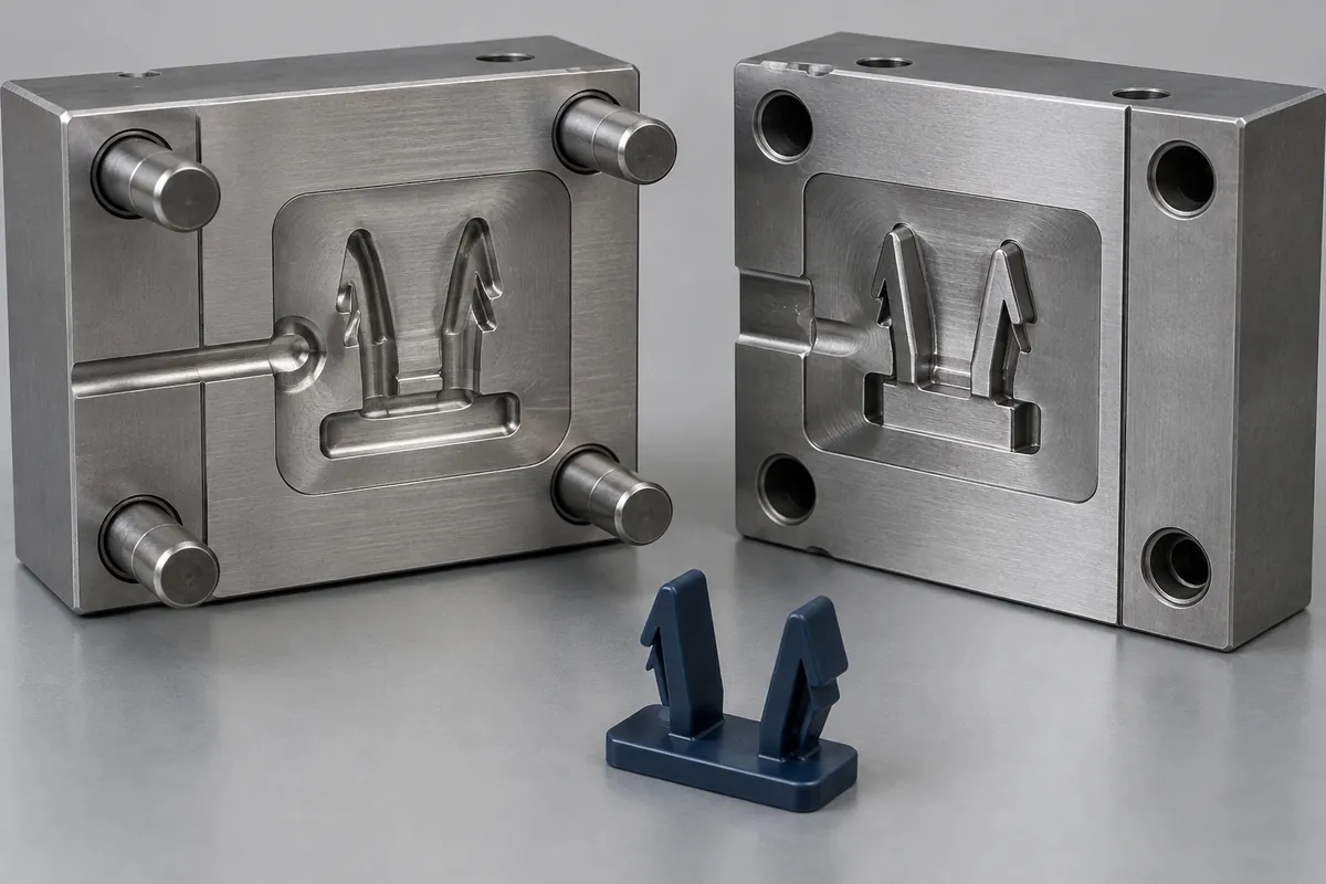 Conceptual mold cavity and runner approaching the base region of a plastic clip