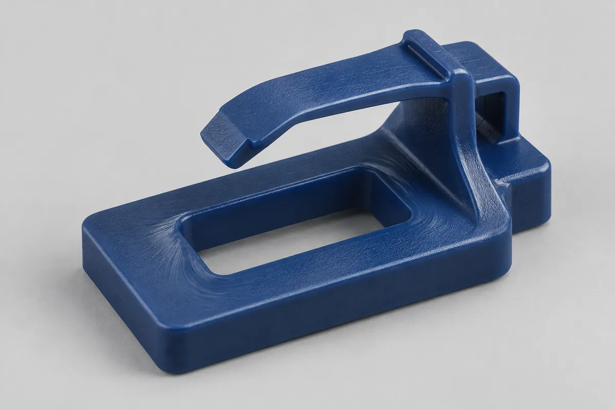 Illustrative molded clip with an opening near the base and a flexible latch arm