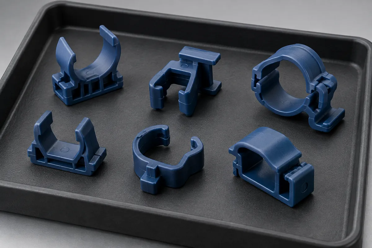 Illustrative molding-development samples arranged separately on a review tray