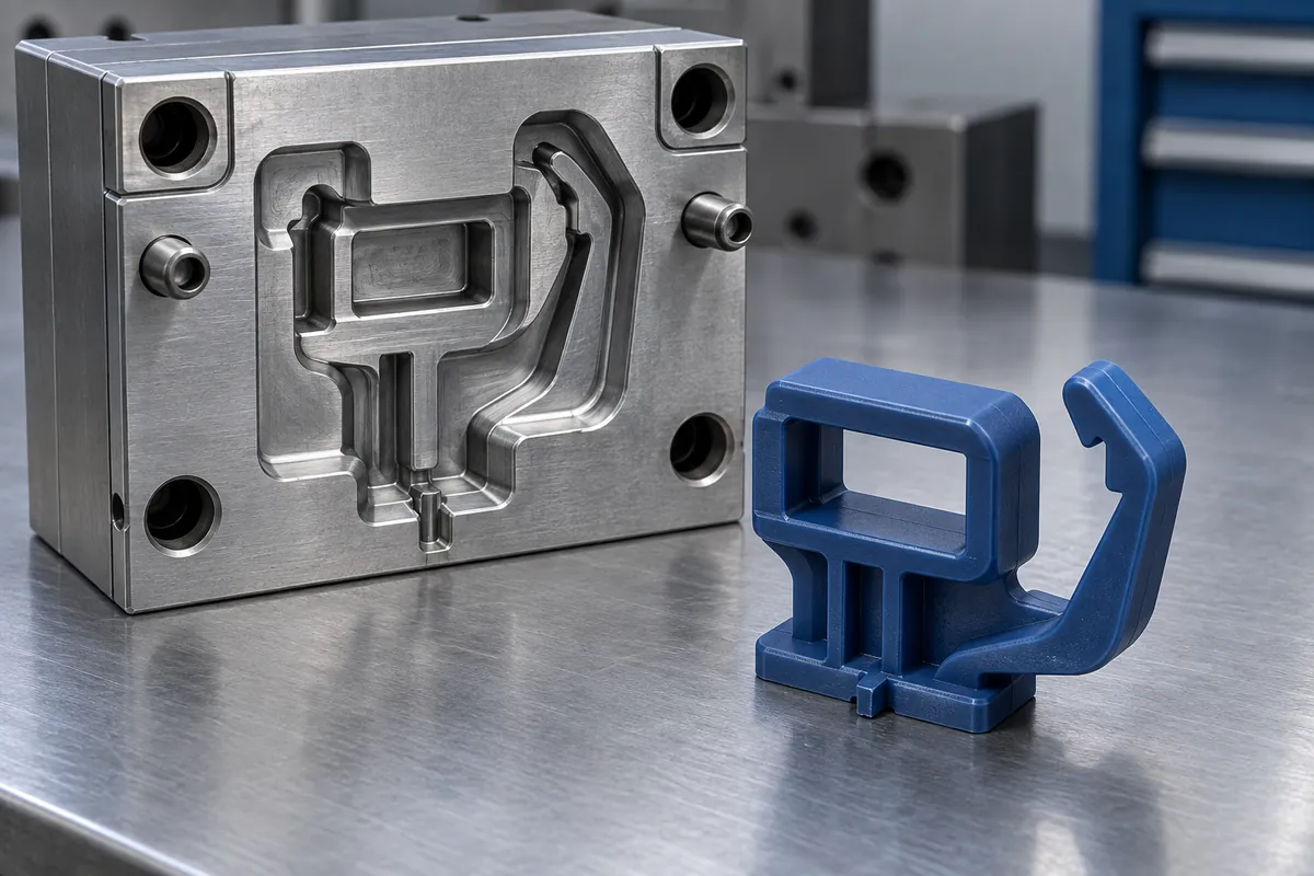Conceptual injection mold insert beside a blue molded retainer with a gate vestige