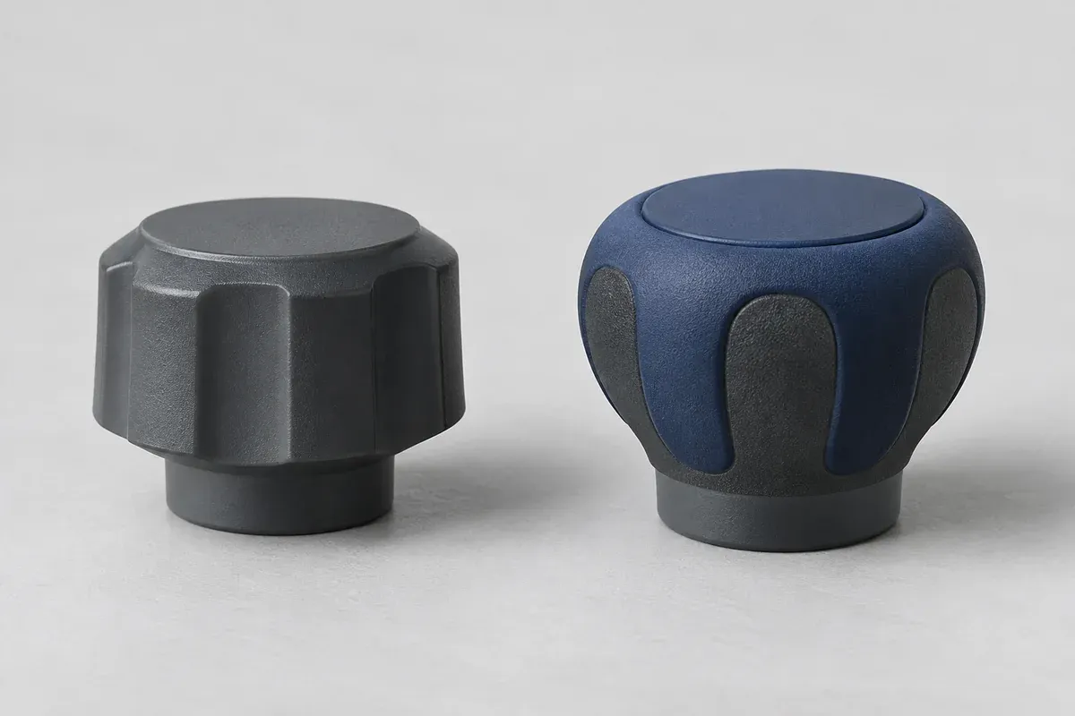 Single-material plastic knob beside a knob with a contrasting soft grip region