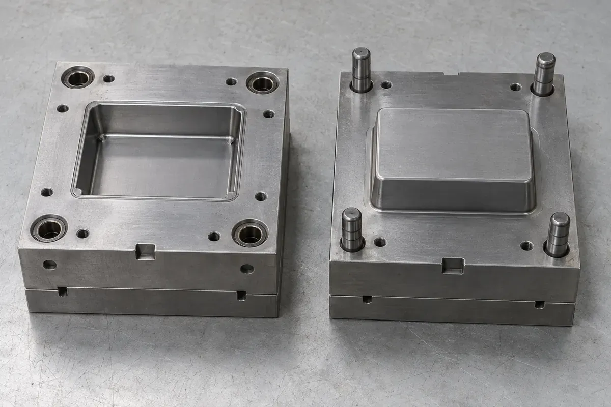 Illustrative opened injection mold halves with cavity features visible