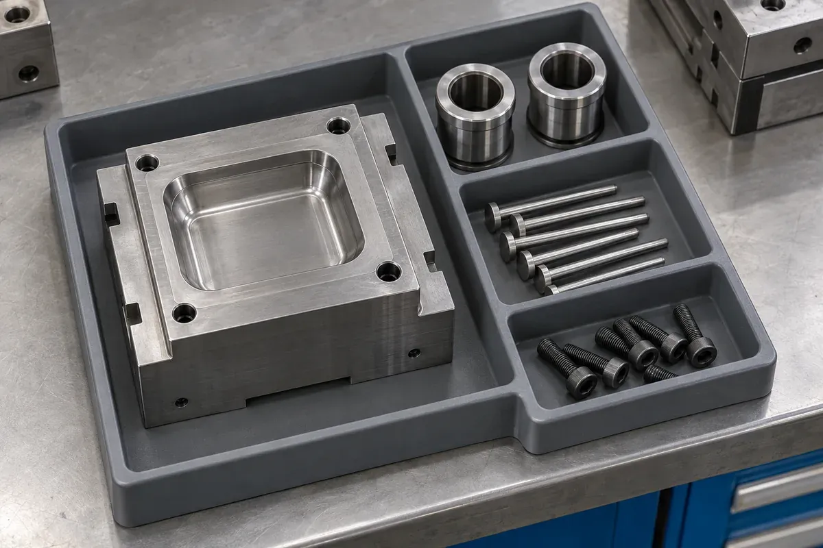 Illustrative mold inserts and spare tooling components arranged separately
