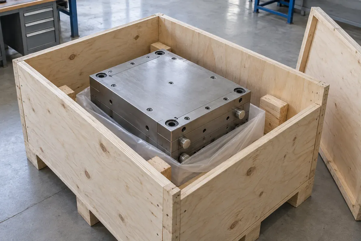 Illustrative compact mold protected inside a wooden shipping crate