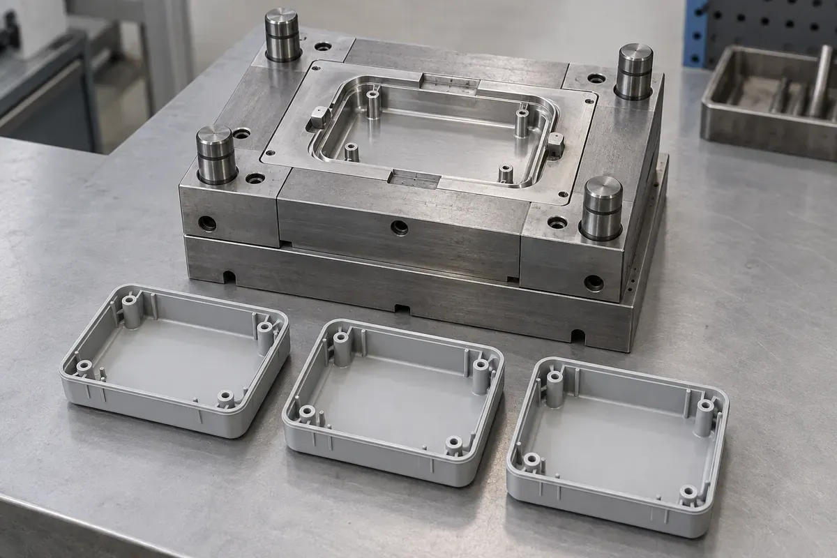 AI-generated illustration of a compact injection mold and matching plastic component