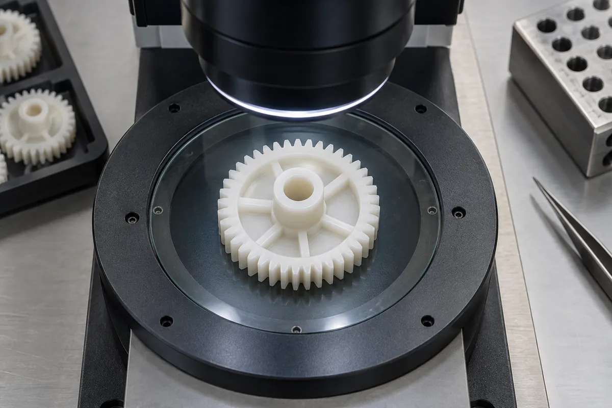 Molded gear tooth outline under an optical inspection lens