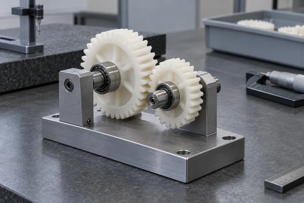 Two molded gears in a controlled rolling fixture