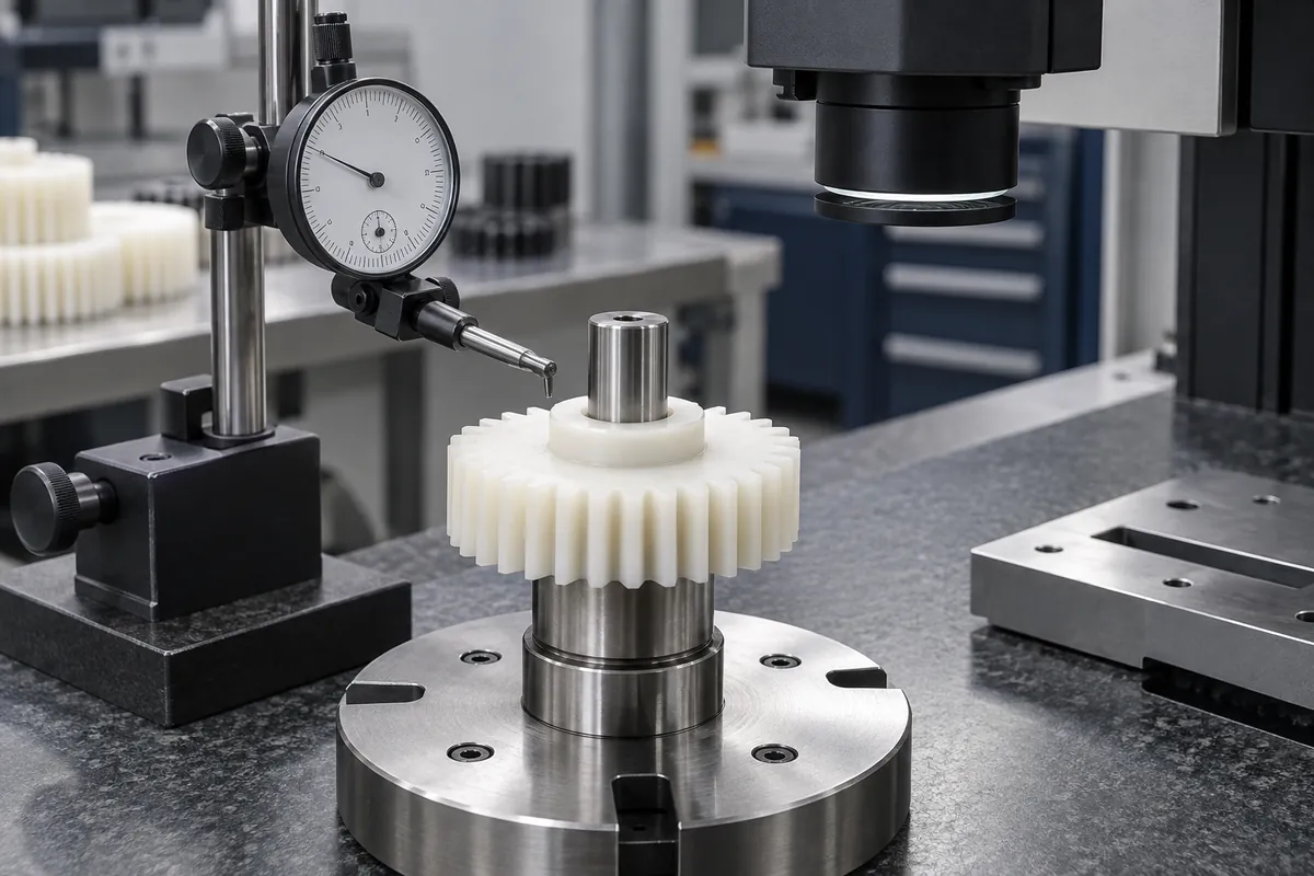 Polymer spur gear on a measurement mandrel beside inspection instruments