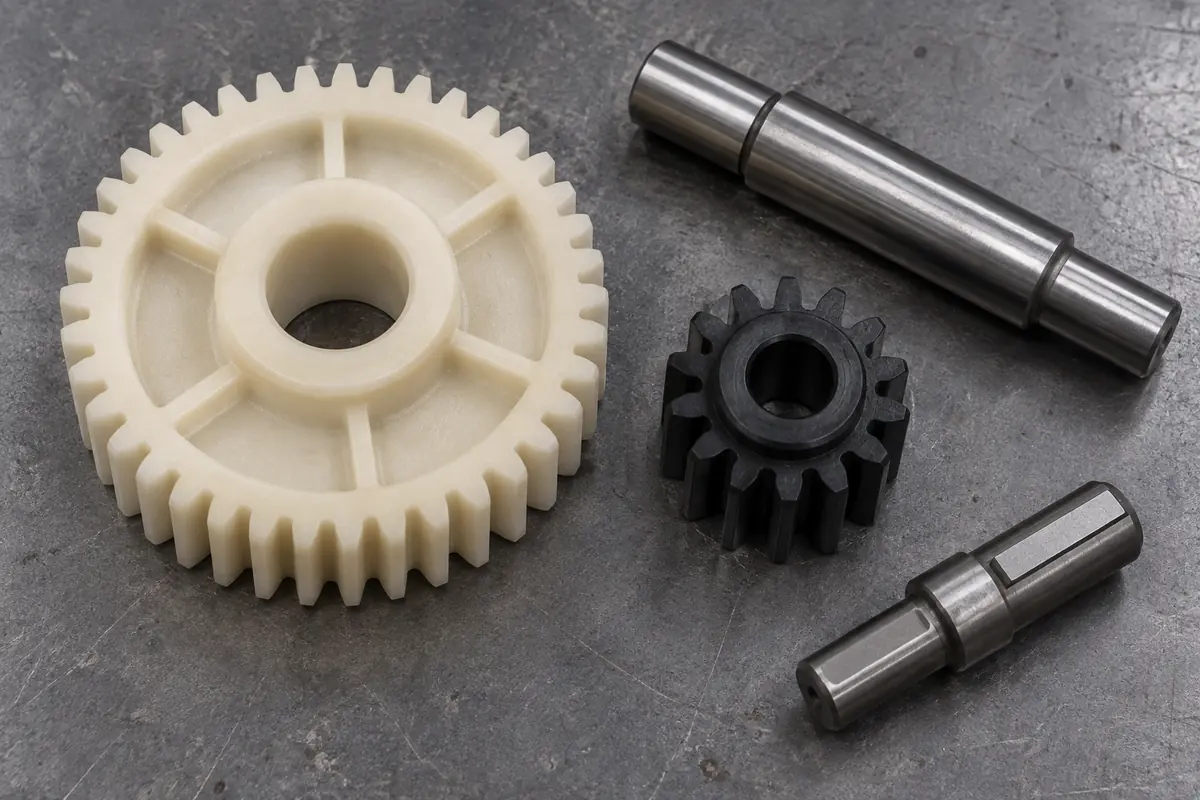 Separate molded gear, mating pinion and shafts