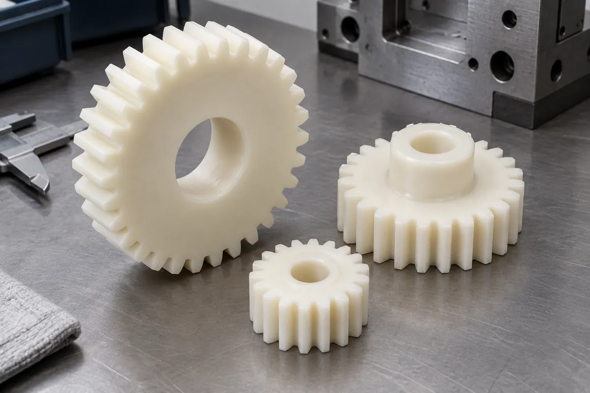 Custom molded spur gear design examples with bores and stepped hubs