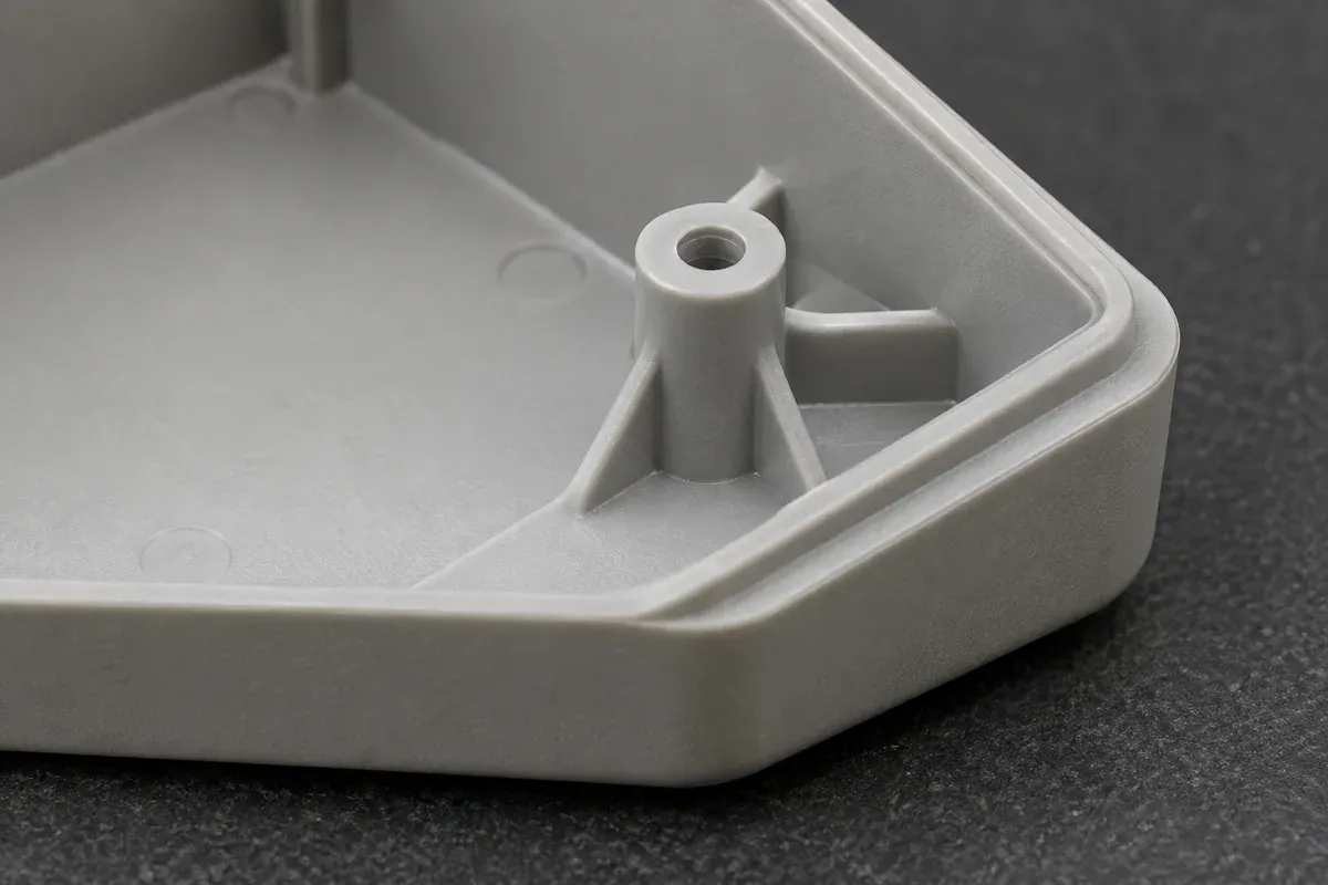 Illustrative molded housing with locating bosses and a joining edge visible