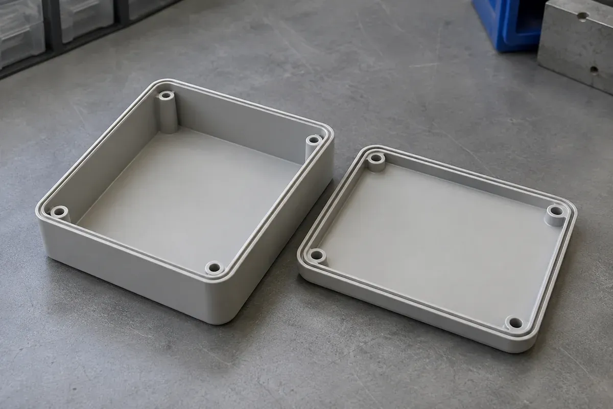 Illustrative matching plastic cover and housing base arranged for a fit review