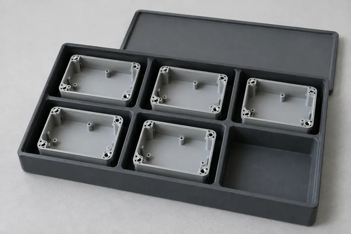 Illustrative molded reference samples separated in a compartment tray