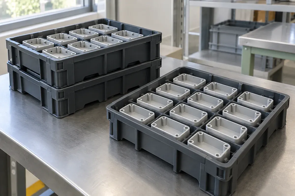 Illustrative stacked compartment trays containing a molded production batch
