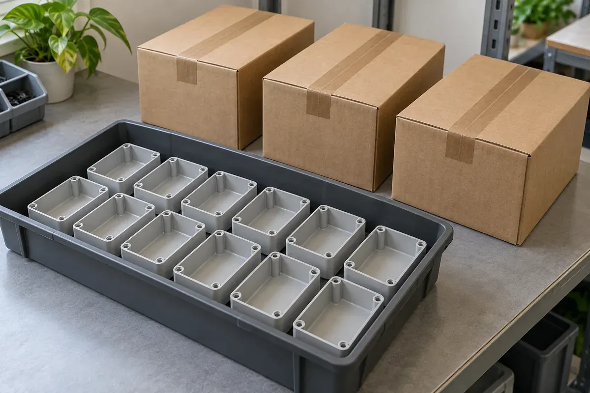 Illustrative packed molded parts beside plain unprinted shipping cartons
