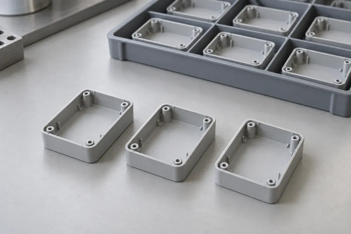 AI-generated illustration contrasting evaluation samples with a tray of molded production parts
