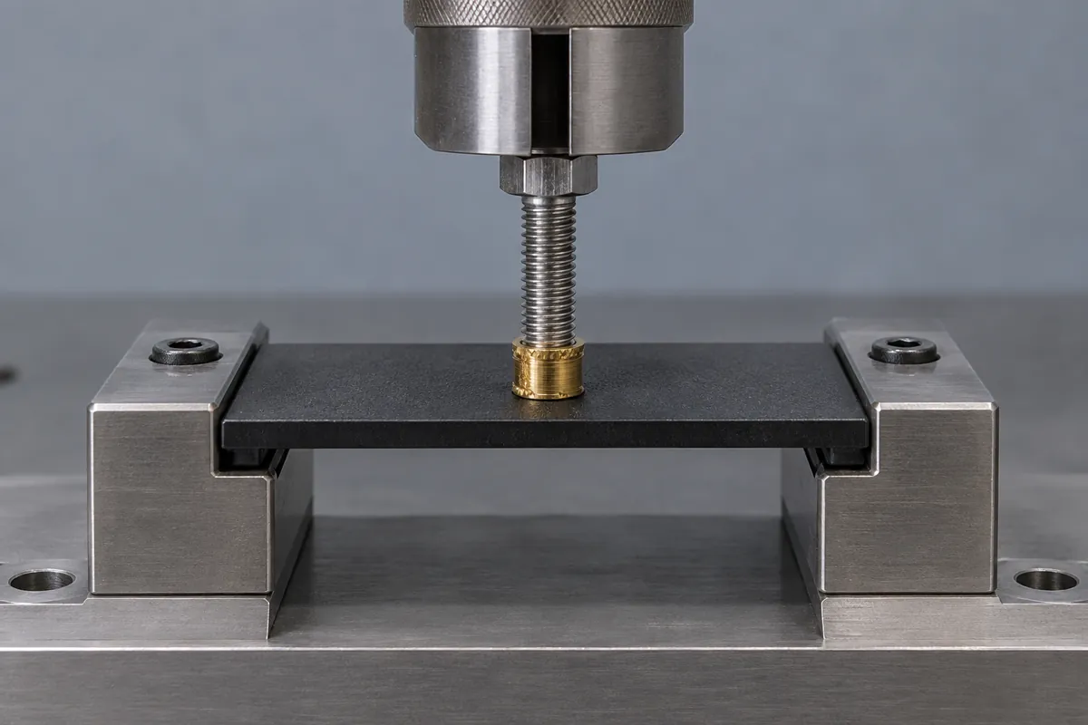 Conceptual plastic bracket supported in an axial pull fixture with a threaded loading stud