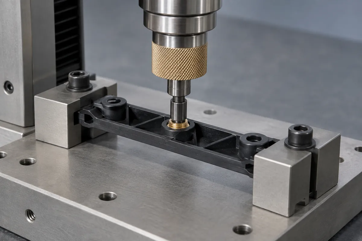 Illustrative torque-test spindle above an insert-molded bracket with a separate reaction fixture
