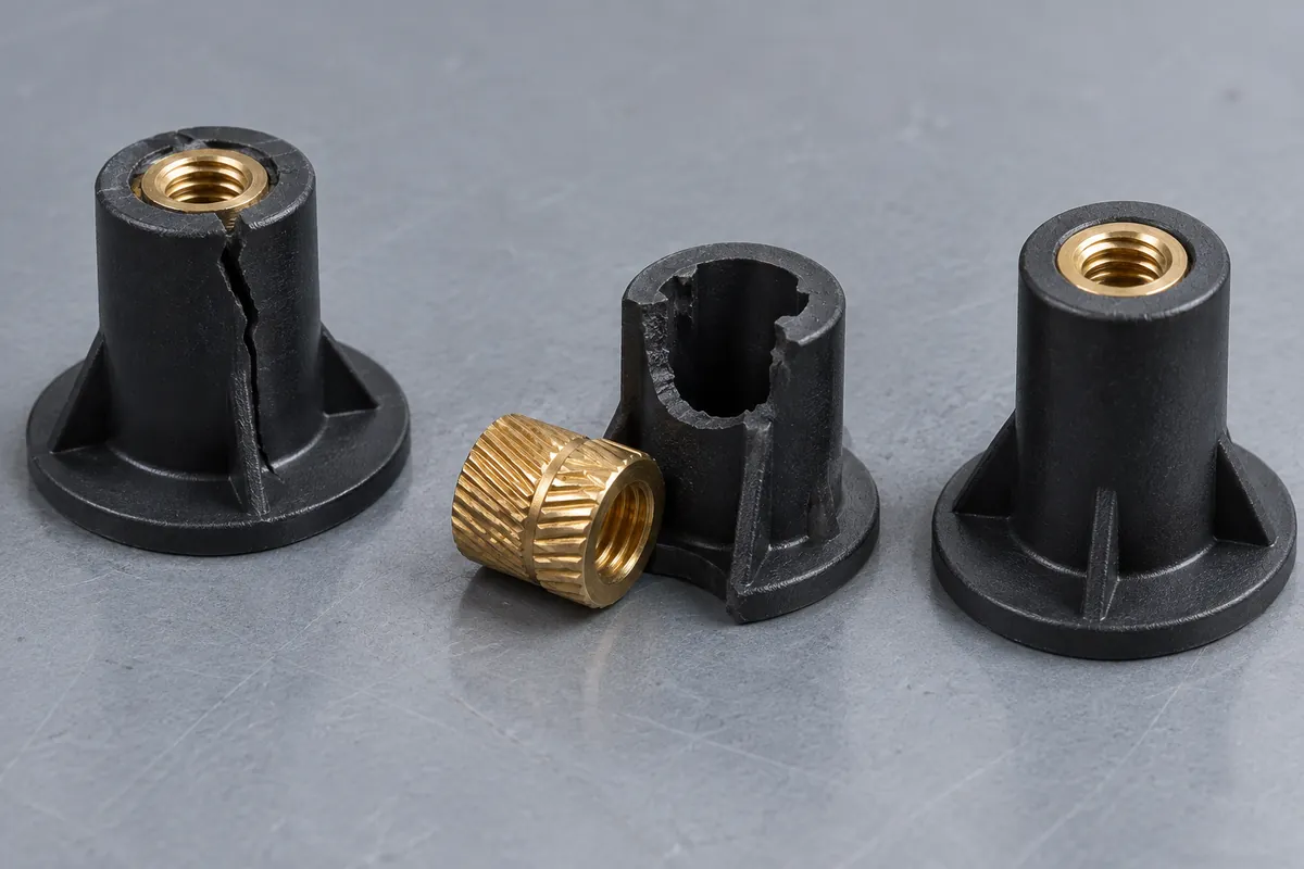 Illustrative separated insert and cracked polymer boss samples arranged for failure review
