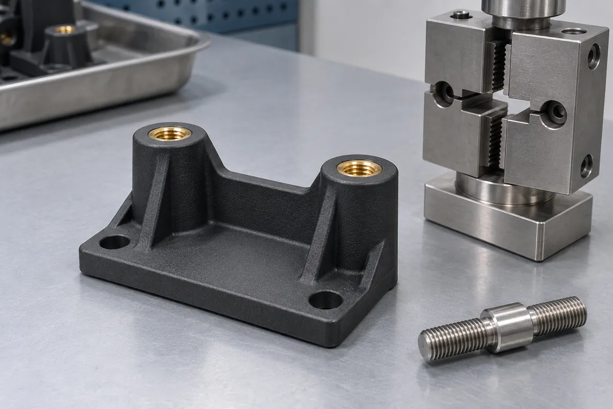 Illustrative threaded-insert bracket prepared for mechanical testing on a laboratory fixture
