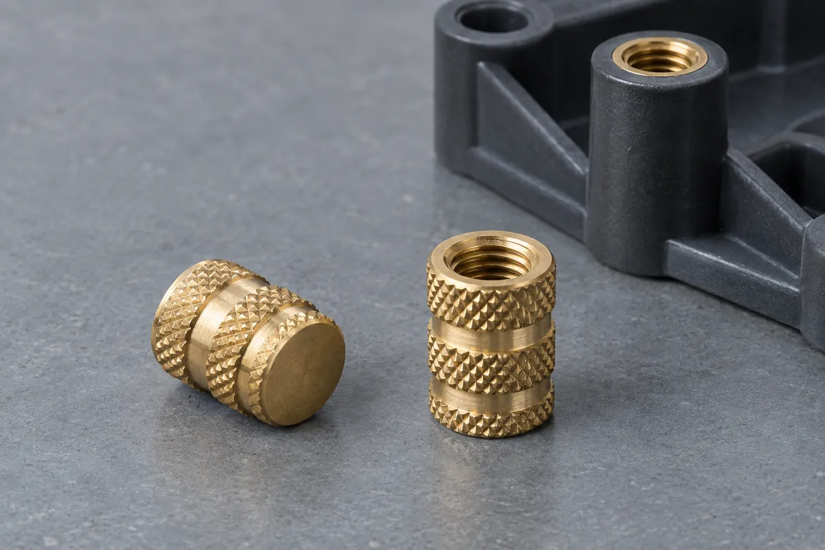 Illustrative open-ended and blind-ended brass inserts beside a molded plastic boss