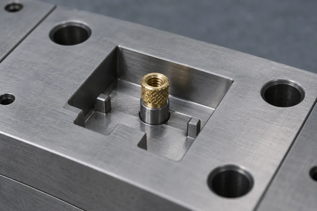 Conceptual close-up of a locating core and brass insert in a small molding fixture