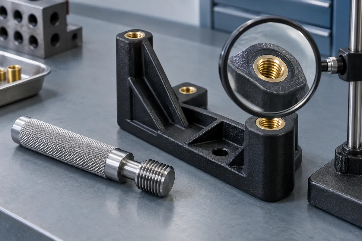 Illustrative thread plug gauge and magnifier beside a brass insert in a finished polymer bracket