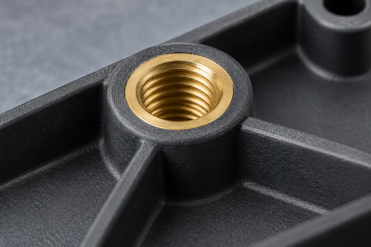 Illustrative macro view of a clean brass internal thread molded into a plastic mounting boss