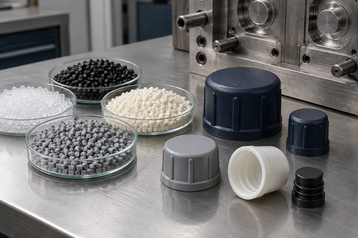 Plain resin pellet dishes beside industrial protective caps