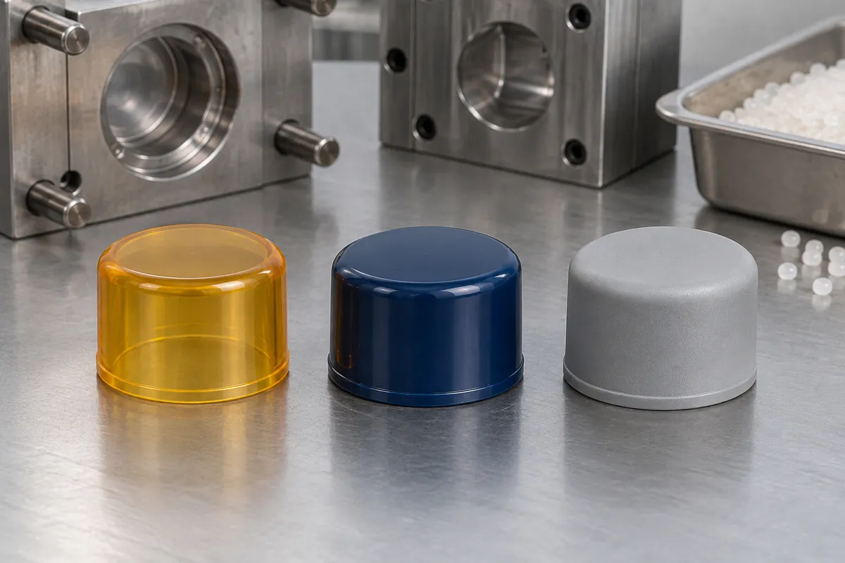 Three protective cap design examples with different polymer finishes