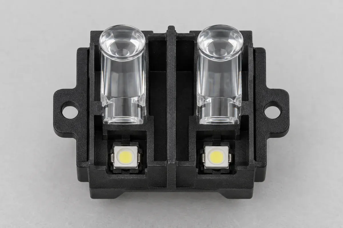 Separated clear guide stems in individual compartments of an opaque carrier