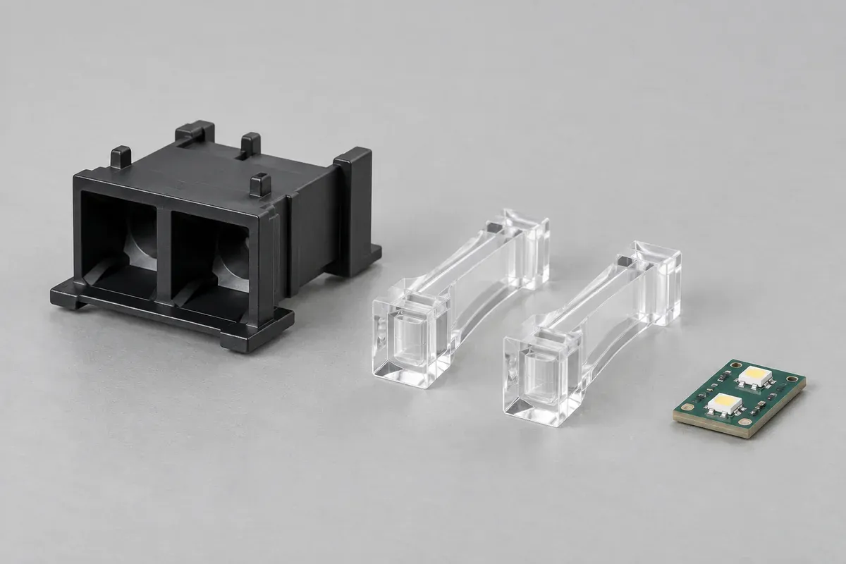 Top view of two isolated guide entrances and individual LED positions