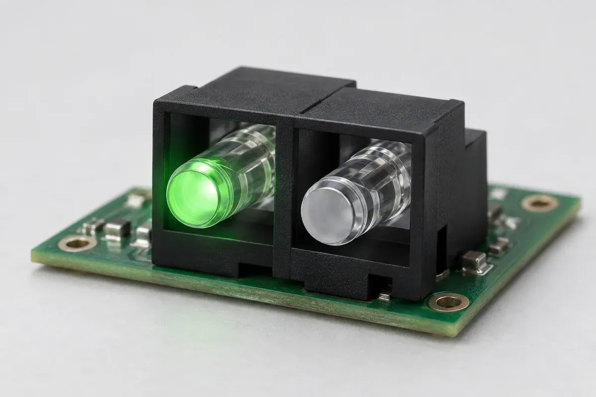 Two independent clear indicator guides in an opaque carrier with one conceptually illuminated