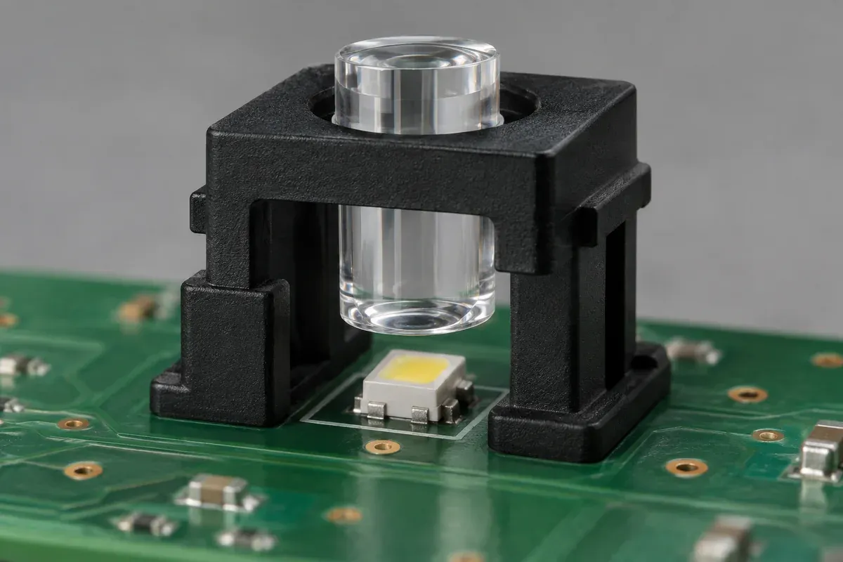 Clear guide held above a square LED with a visible air gap in an unpowered alignment fixture