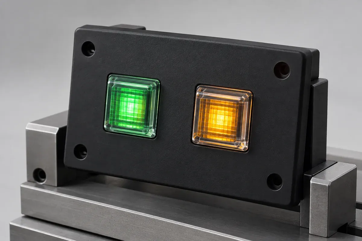 Dual-indicator assembly with one window illuminated and the adjacent window unlit