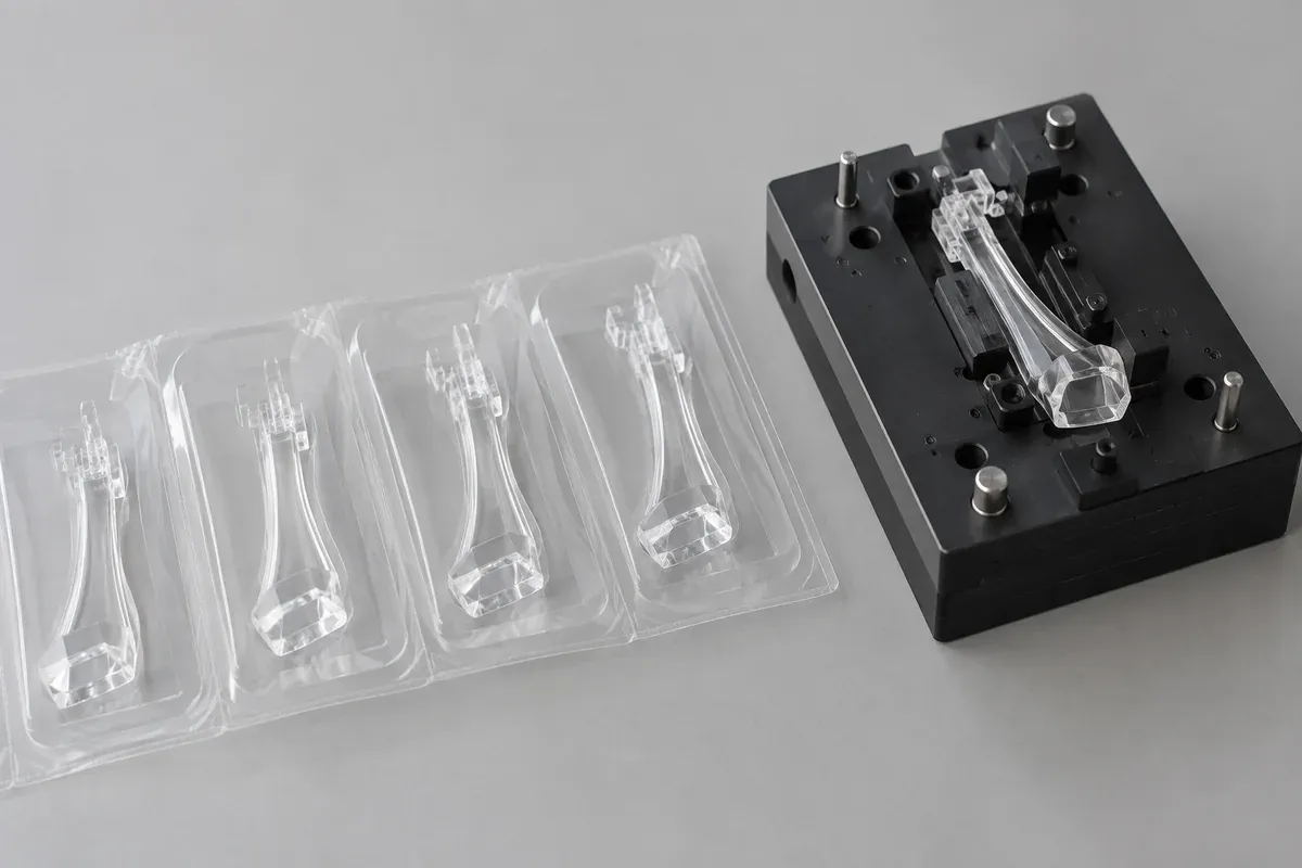 Separate clear guide samples in a protected tray beside an inspection lens