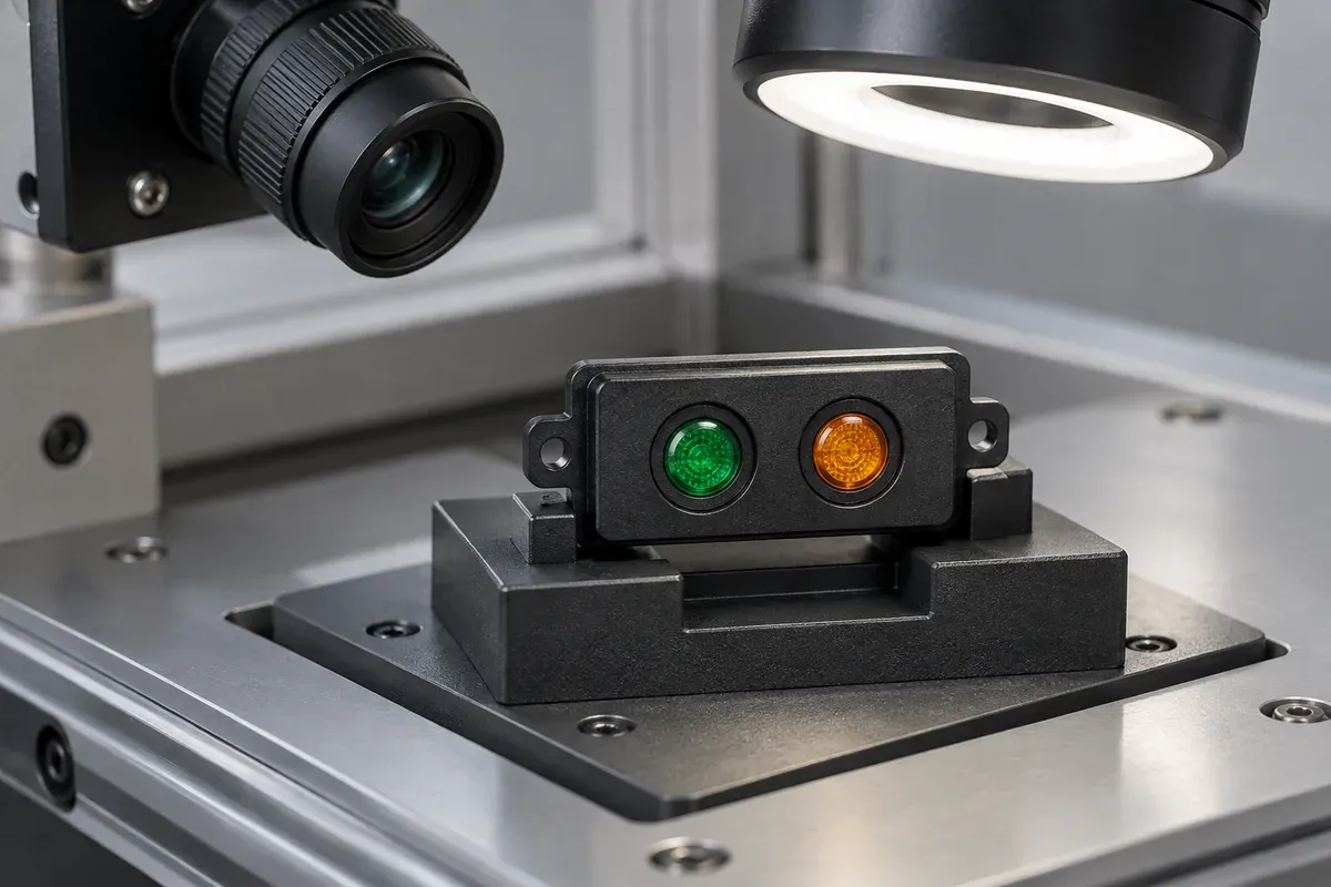 LED indicator module held in a plain controlled-viewing inspection fixture