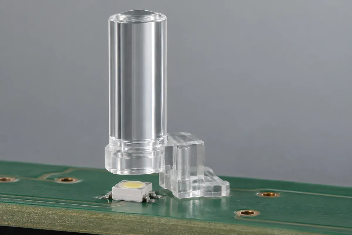 Clear straight guide retained above a surface-mount LED with a noncontact entrance gap