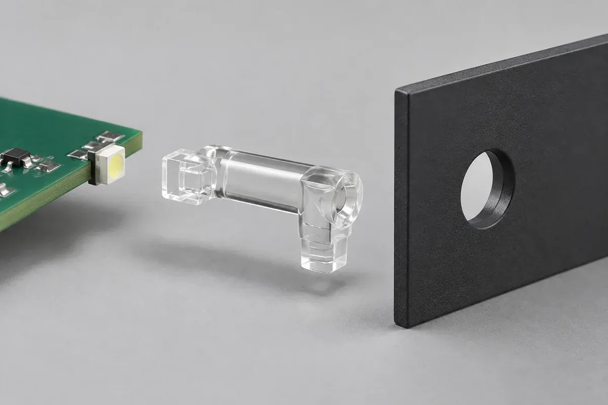 Right-angle clear guide shown with a separate dark panel and circuit board