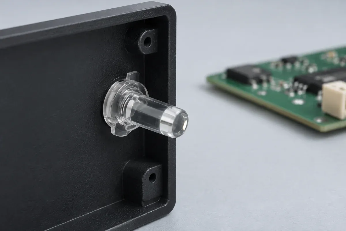 Rear view of a flanged clear indicator stem retained through a dark panel