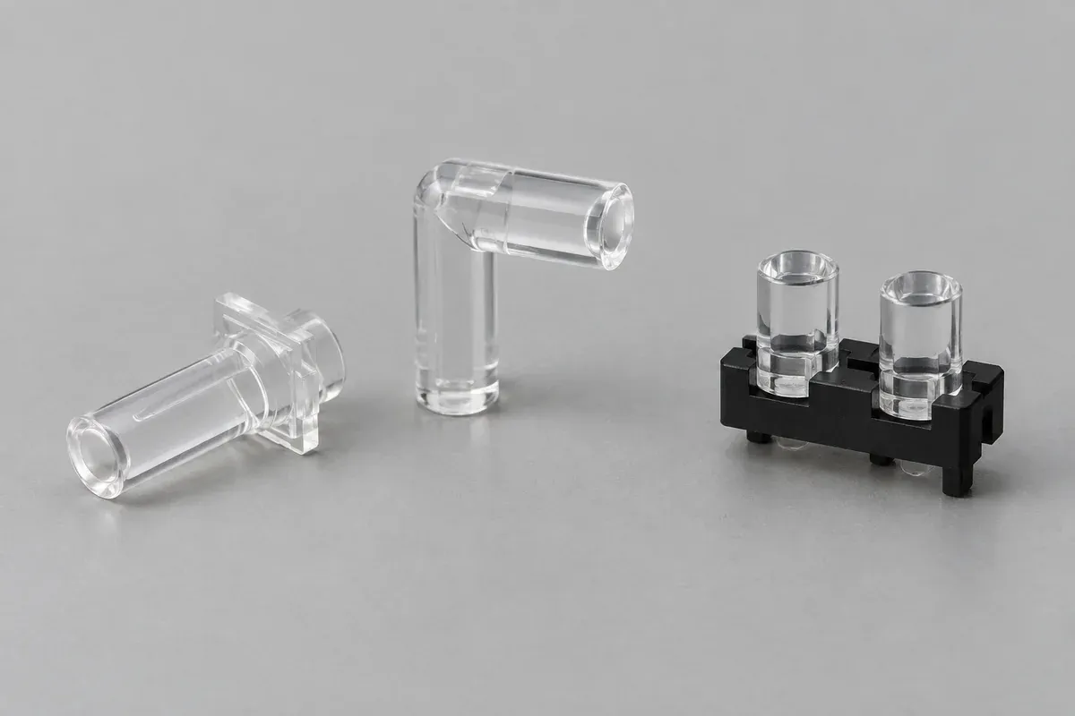 Straight and right-angle clear indicator guides beside independent stems in a dark carrier