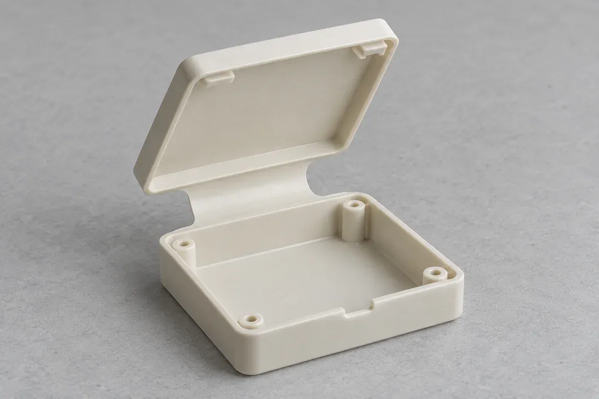 Partly open plastic cover illustrating its integral flexible connection