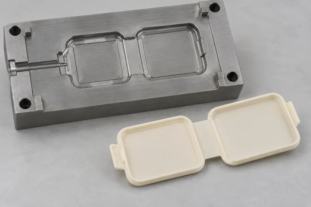 Plain mold insert concept for a flat-open hinged part with a runner and gate