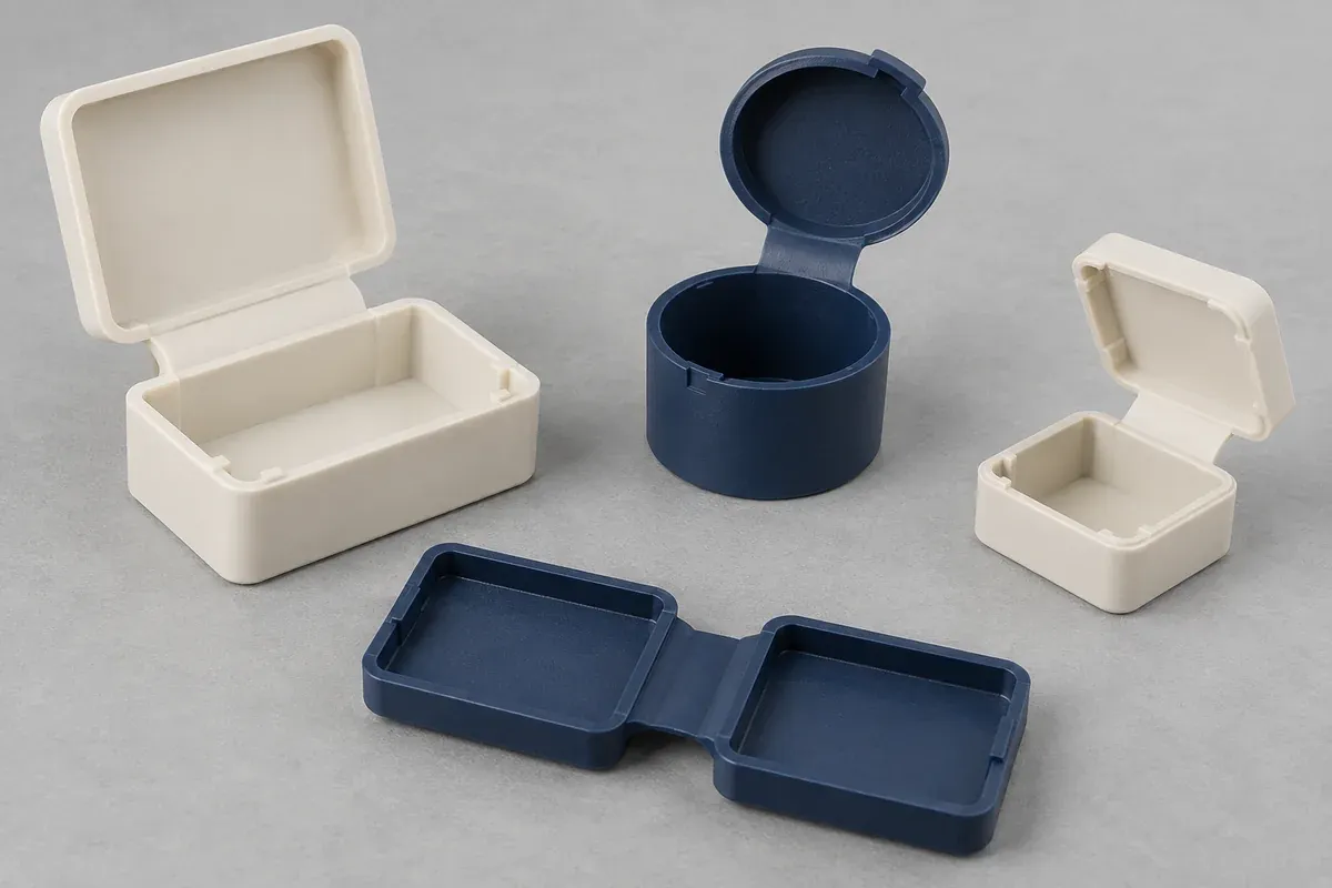 Separate molded open hinge samples arranged for surface inspection