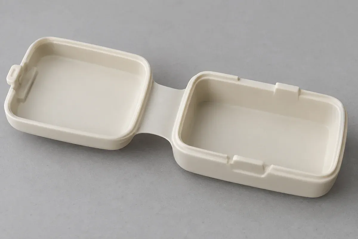 Flat-open living-hinge component showing its flexible web and rigid panels