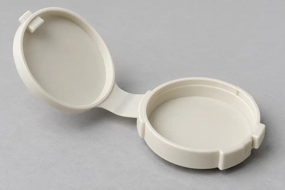 Close view of a thin molded hinge web with smooth transitions into thicker panels