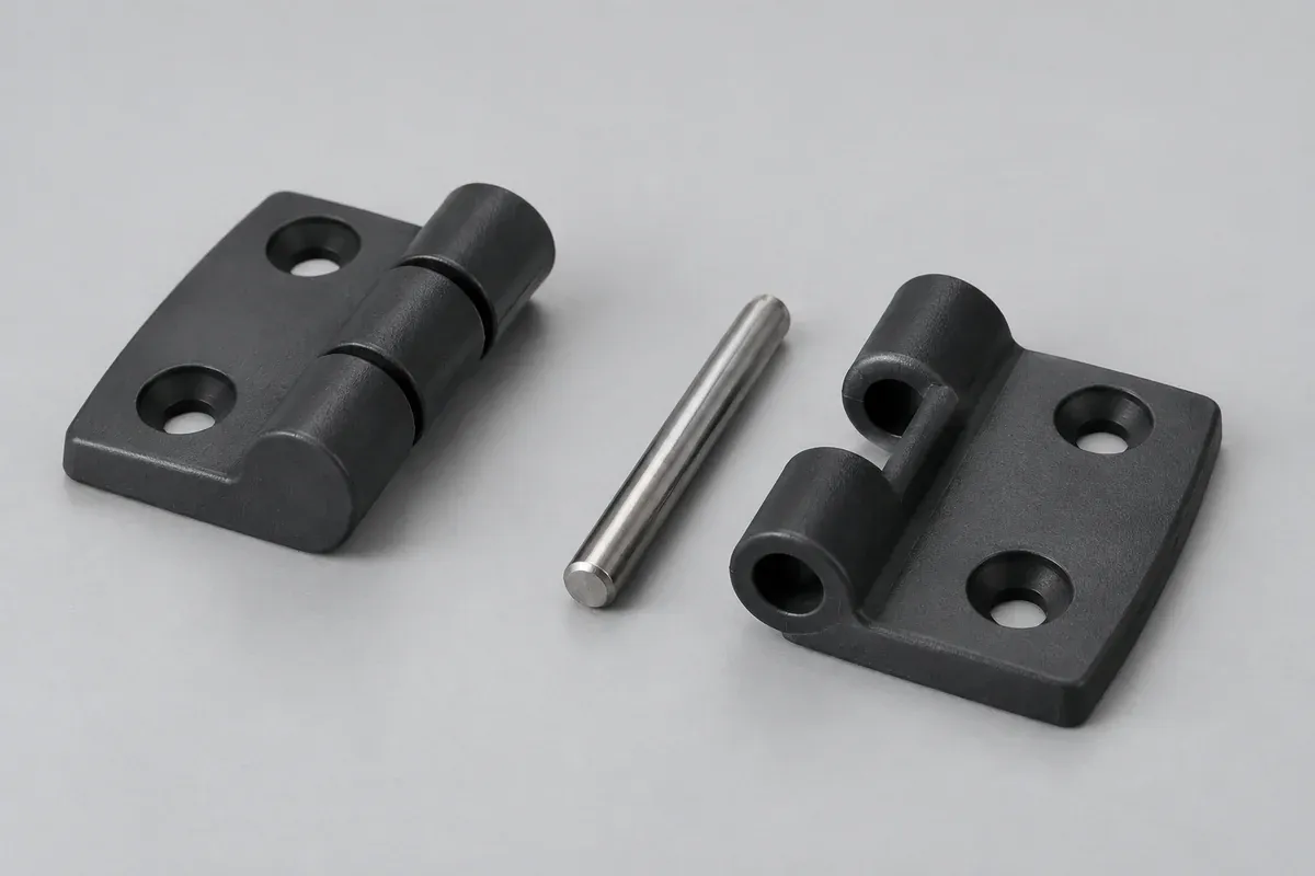 Two-piece plastic hinge with its metal pivot pin separately aligned