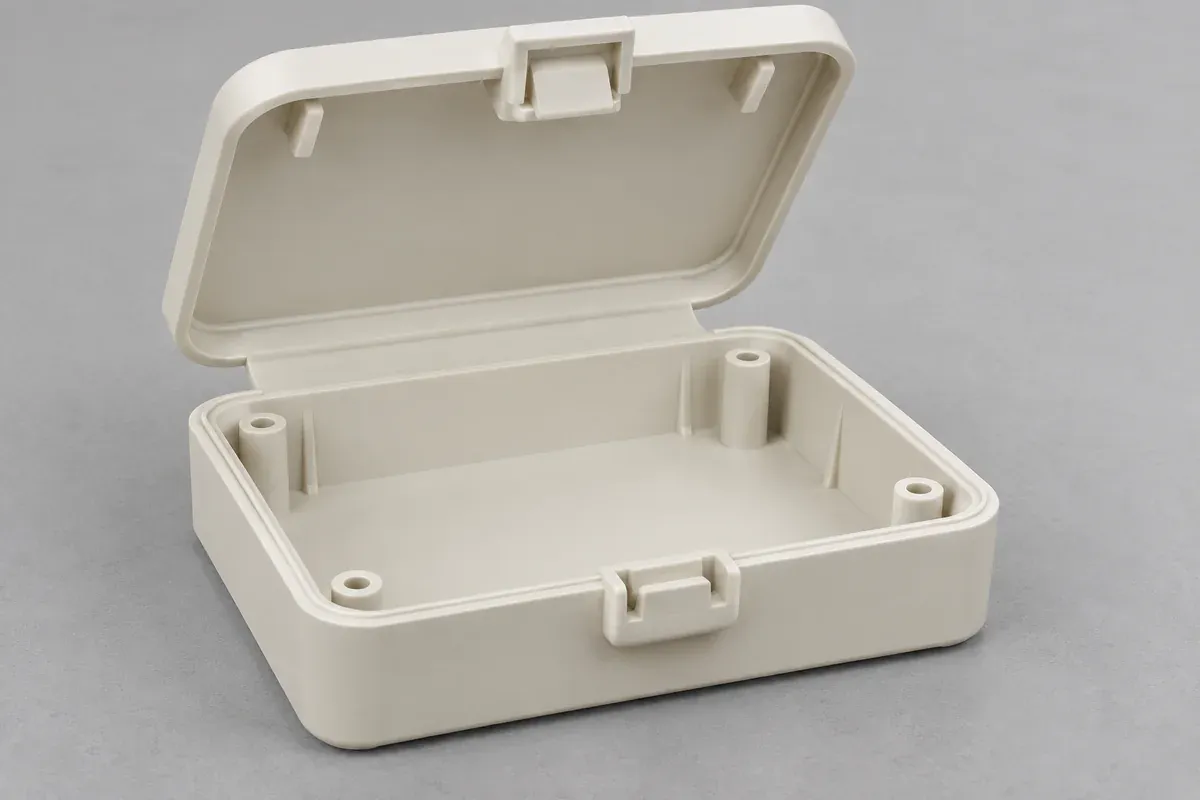 Partially folded molded cover with hinge and latch regions clearly separated